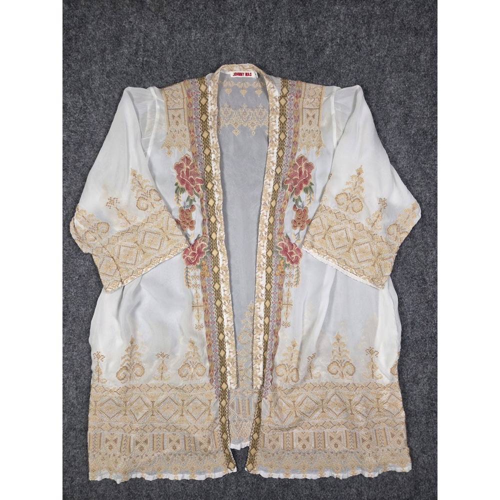 Johnny Was Kimono Cardigan Womens XL White Floral Embroidered Open Front Boho